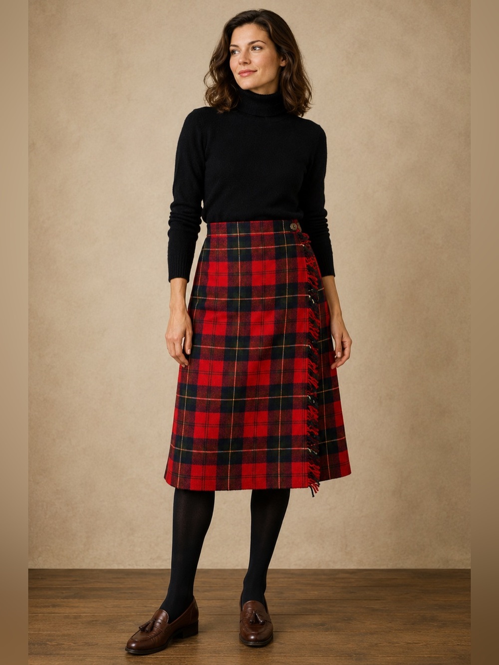 Vintage Pendleton 100% Virgin Wool Red Plaid Fringe Wrap Kilt Midi Skirt USA 8